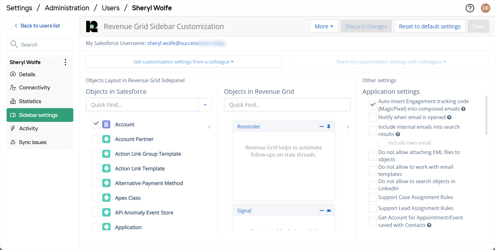 User Sidebar Settings page